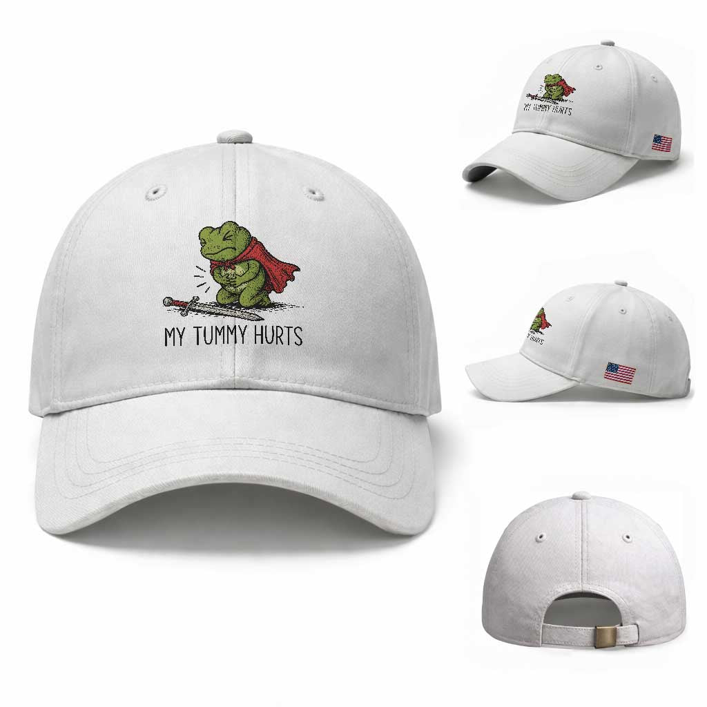 Tummy Hurts Funny Medieval Frog Baseball Cap Dark Fantasy Meme TS10 Baseball Cap Universal Fit White Print Your Wear