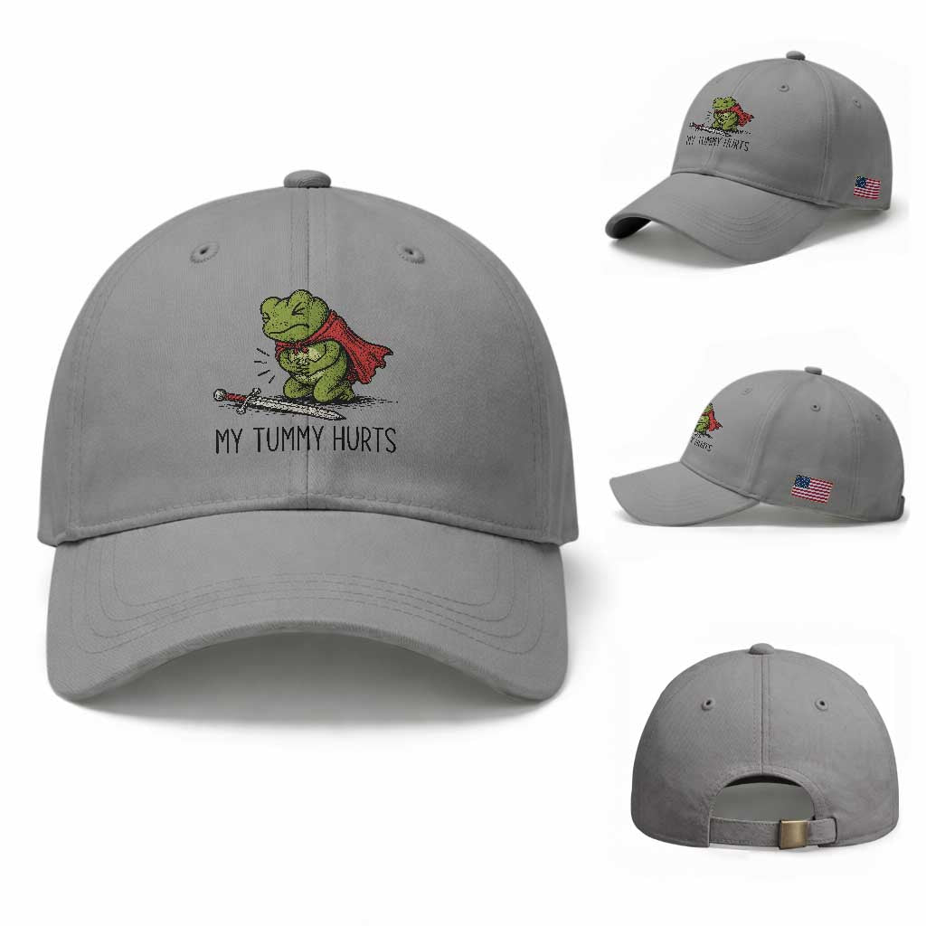 Tummy Hurts Funny Medieval Frog Baseball Cap Dark Fantasy Meme TS10 Baseball Cap Universal Fit Sport Gray Print Your Wear
