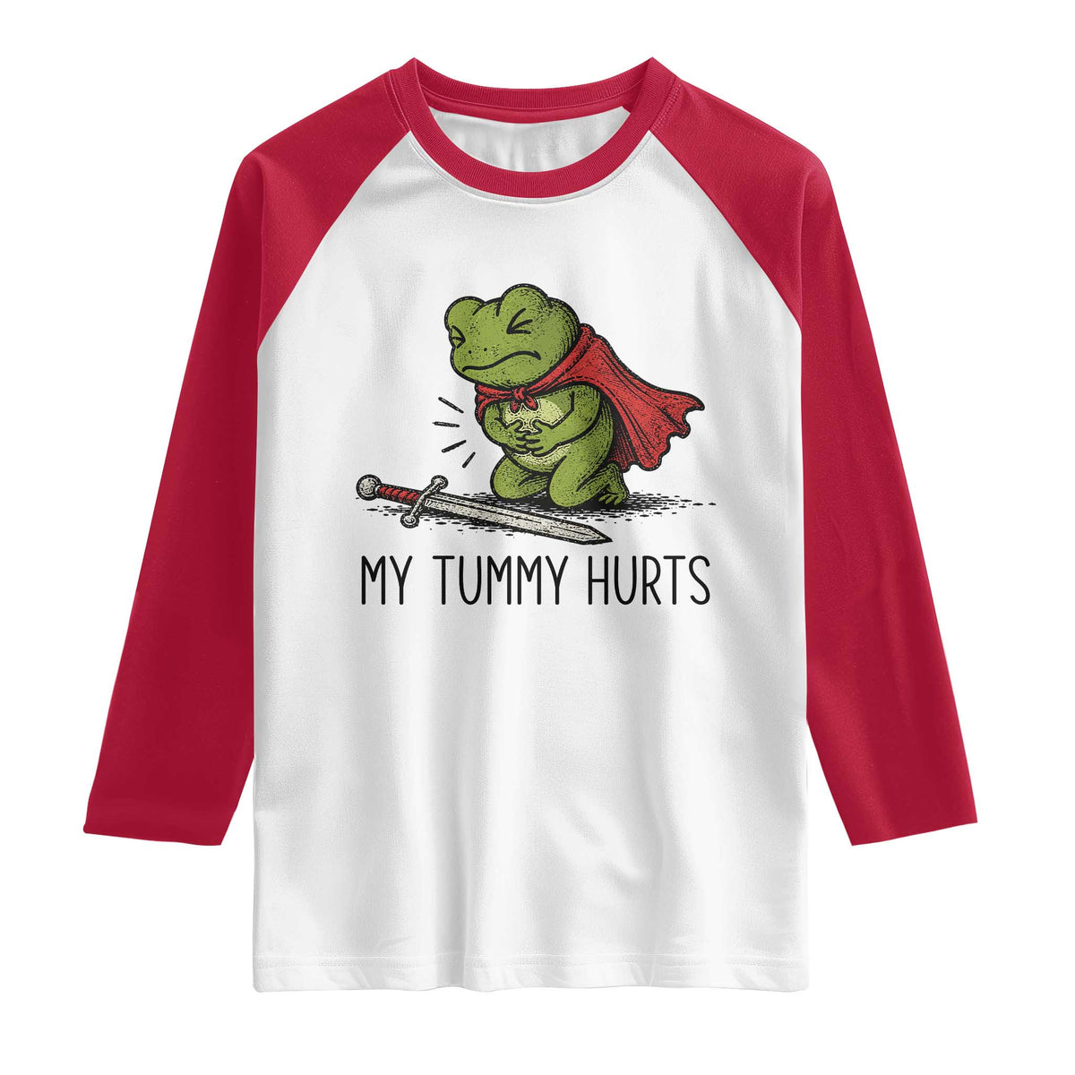 Tummy Hurts Funny Medieval Frog Raglan Shirt Dark Fantasy Meme TS10 White Red Print Your Wear