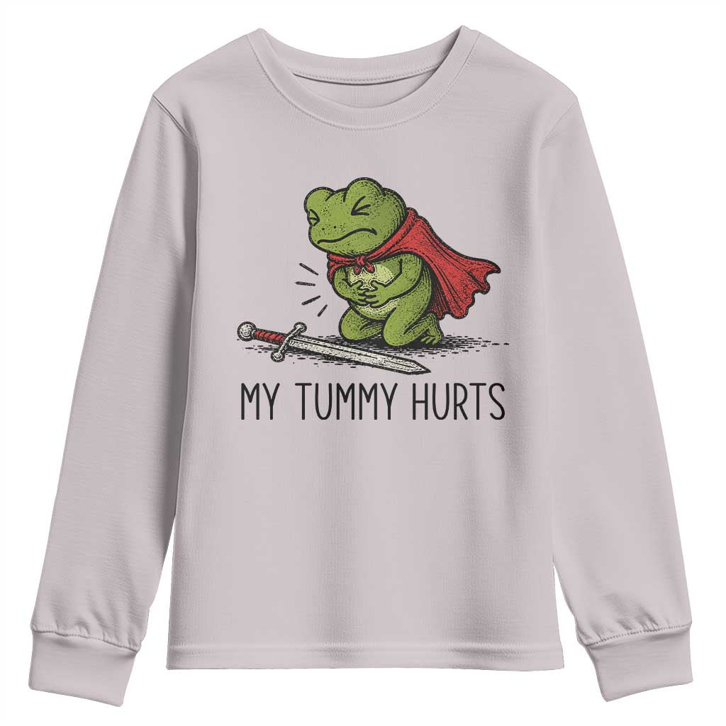 Tummy Hurts Funny Medieval Frog Youth Sweatshirt Dark Fantasy Meme TS10 Ice Gray Print Your Wear