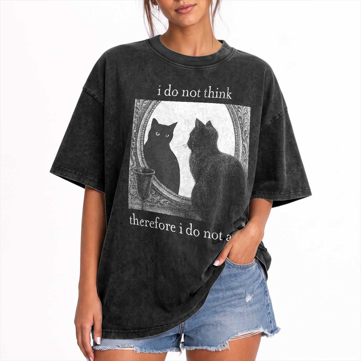 Funny Cat Washed Cotton T-Shirt I Do Not Think Therefore I Do Not Am Goth Emo Grunge Witchy TS10 Print Your Wear