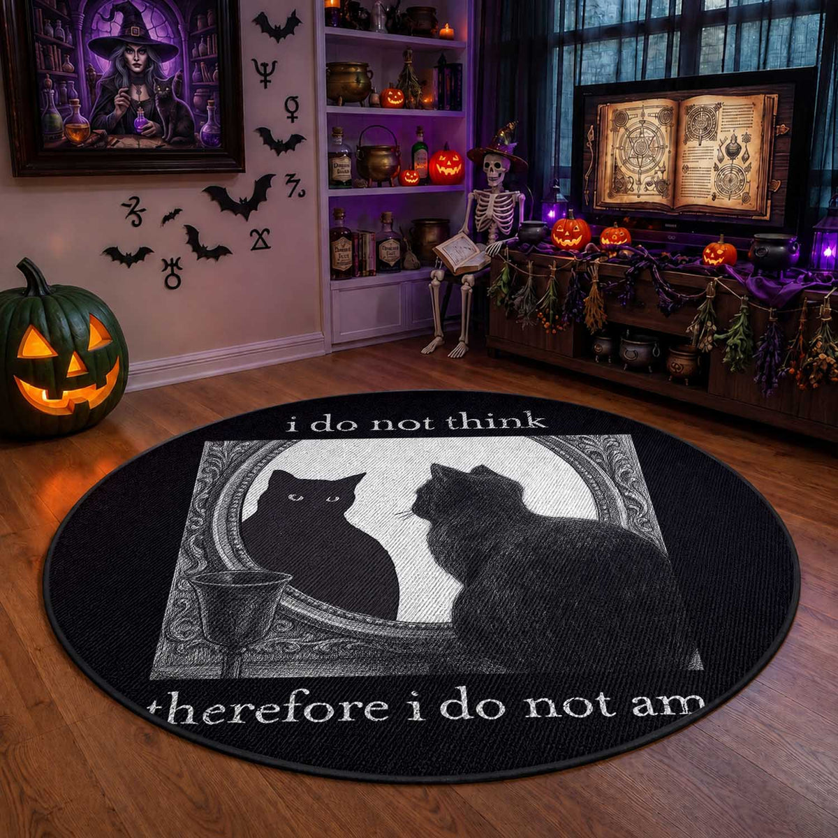 Funny Cat Round Rug I Do Not Think Therefore I Do Not Am Goth Emo Grunge Witchy