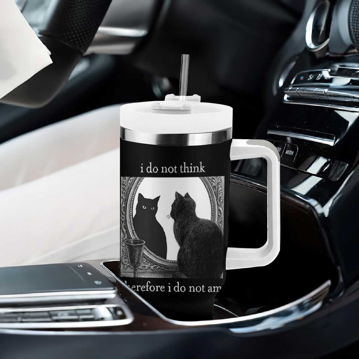 Funny Cat Tumbler With Handle I Do Not Think Therefore I Do Not Am Goth Emo Grunge Witchy TS10 Print Your Wear