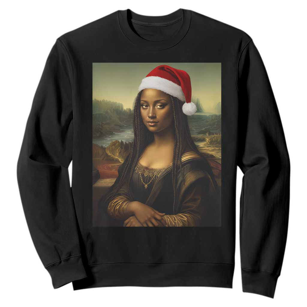 Funny Black Christmas Sweatshirt Vintage Mona Lisa Afro Santa Da Vinci Xmas TS10 Black Print Your Wear
