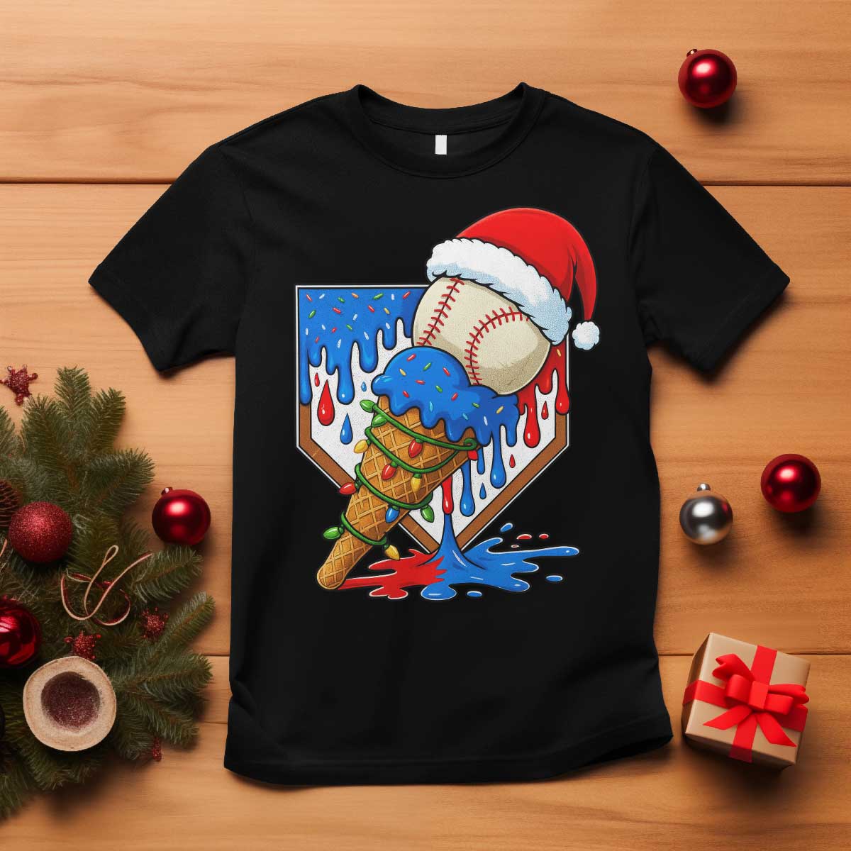 Christmas Baseball Ice Cream Drip T Shirt Santa Sports Player Xmas Light Boys Baseball Bat TS10 Black Print Your Wear