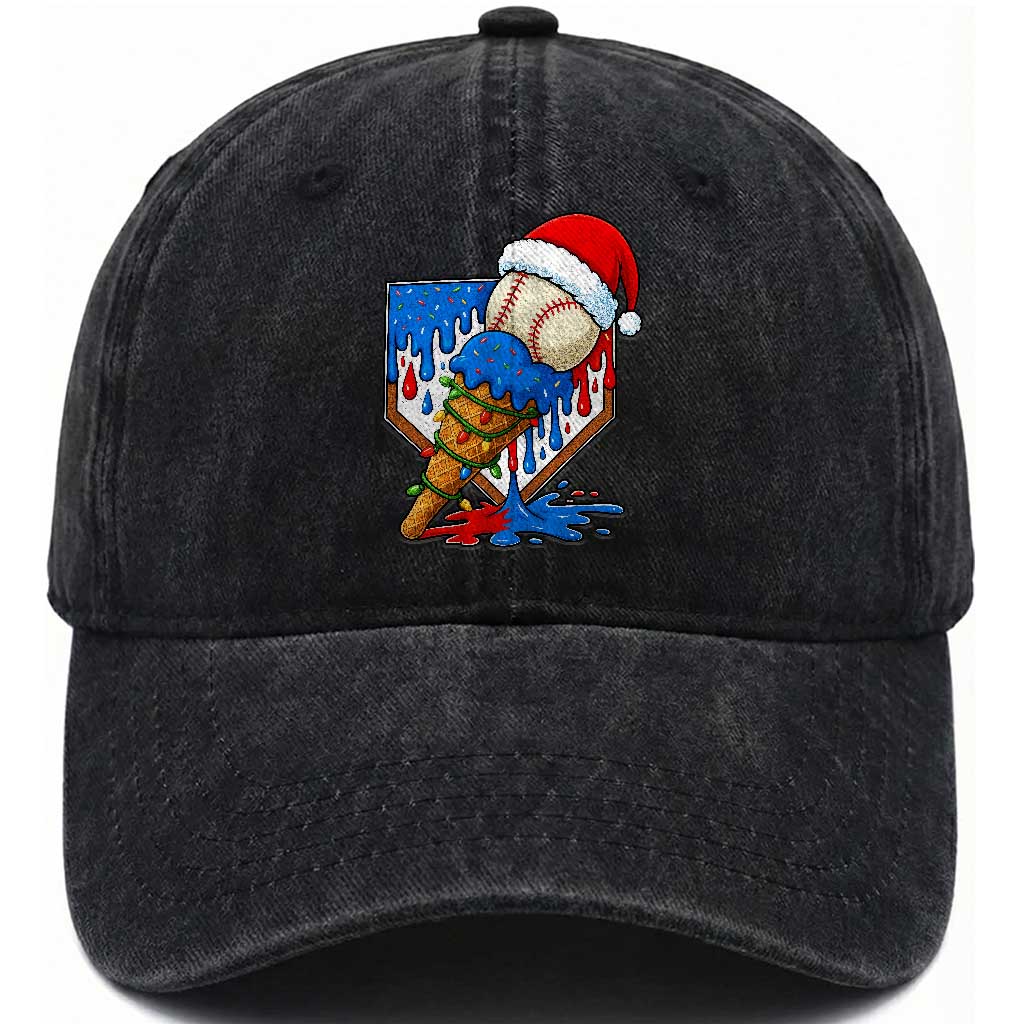 Christmas Baseball Ice Cream Drip Washed Cotton Baseball Cap Santa Sports Player Xmas Light Boys Baseball Bat TS10 Washed Cap Universal Fit Black Print Your Wear