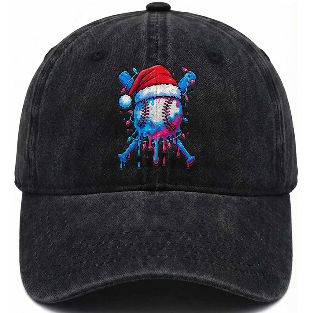 Christmas Baseball Ice Cream Drip Washed Cotton Baseball Cap Santa Sports Xmas Light Boys Sprinkles Baseball Bat TS10 Washed Cap Universal Fit Black Print Your Wear