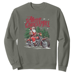 Christmas Motorcycle Santa Sweatshirt Funny Motorbike Rider Grandpa Merry Xmas TS10 Military Green Print Your Wear