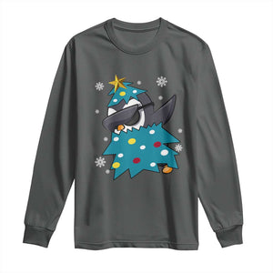 Christmas Penguin Long Sleeve Shirt Funny Animals Xmas Tree Lights Boys Kids TS10 Dark Heather Print Your Wear