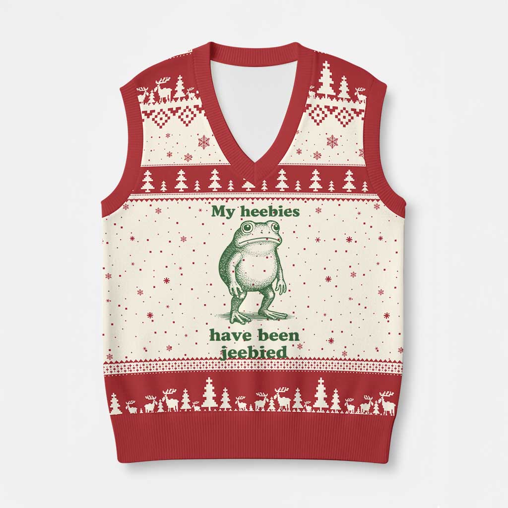 Funny Frog V-Neck Knit Sweater Vest My Heebies Have Been Jeebied Weirdcore Meme TS10 Beige Red Print Your Wear