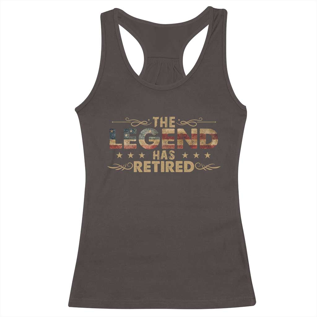 The Legend Has Retired 2025 Racerback Tank Top Retro American Flag TS10 Dark Chocolate Print Your Wear