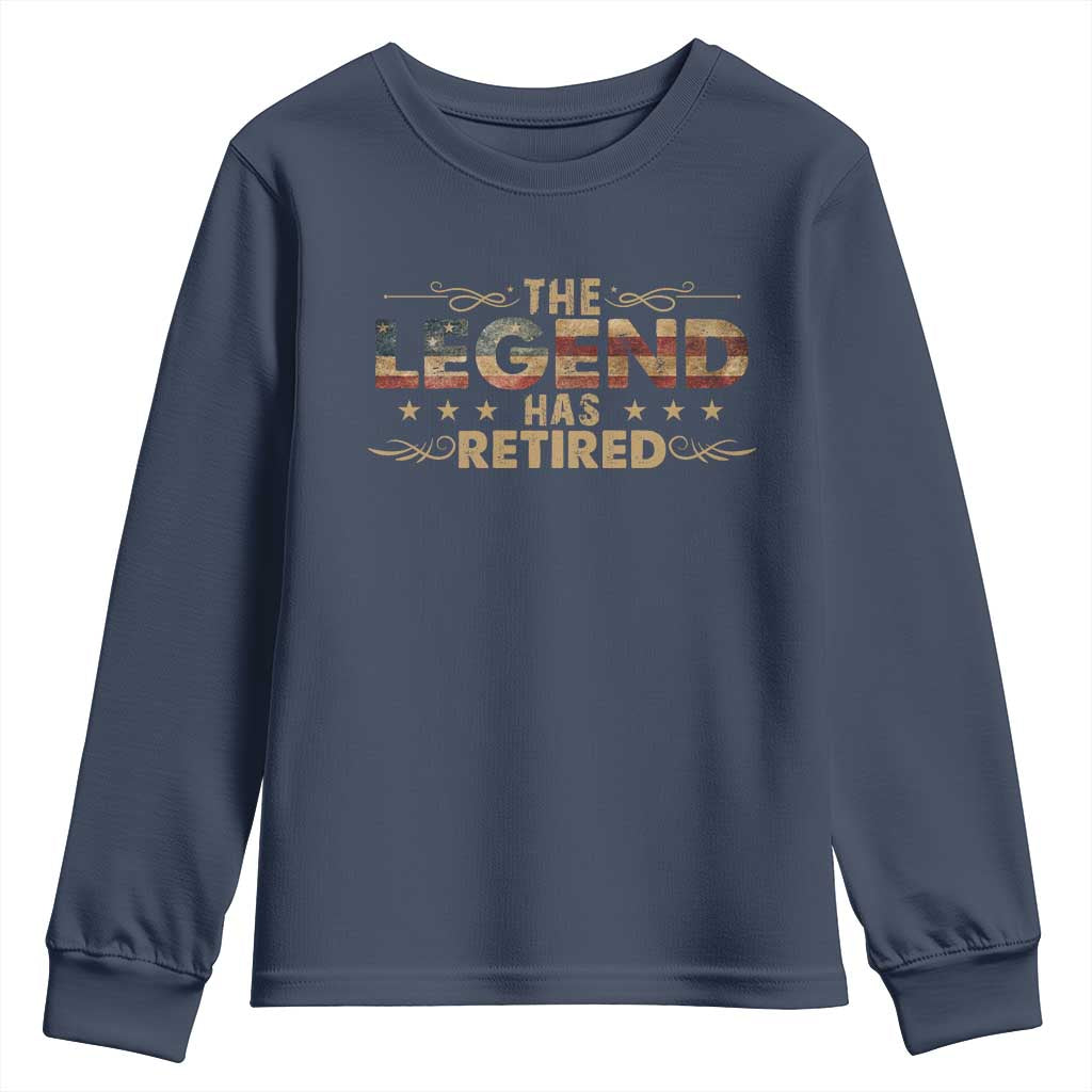 The Legend Has Retired 2025 Youth Sweatshirt Retro American Flag TS10 Navy Print Your Wear