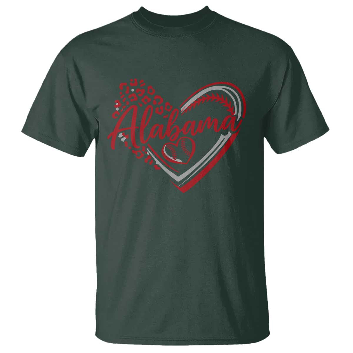 Alabama Fan T Shirt Bama Baseball Leopard Heart Graphic Game Day TS10 Dark Forest Green Print Your Wear