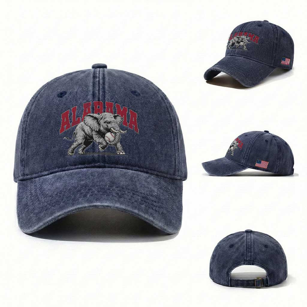 Alabama Fan Washed Cotton Baseball Cap - Baseball Bama Mascot Game Day TS10 Washed Cap Universal Fit Navy Print Your Wear