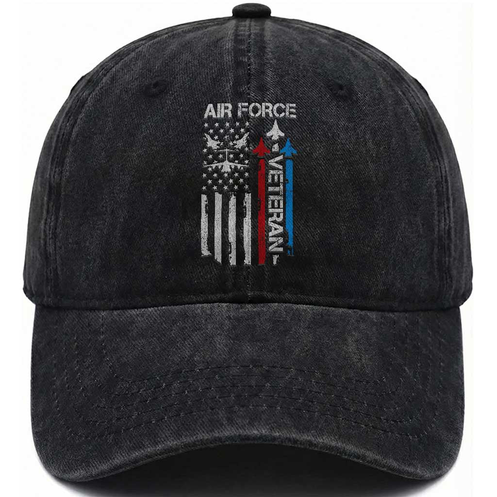 Air Force Veteran Washed Cotton Baseball Cap Distressed American Flag Retired Dad Grandpa TS10 Washed Cap Universal Fit Black Print Your Wear