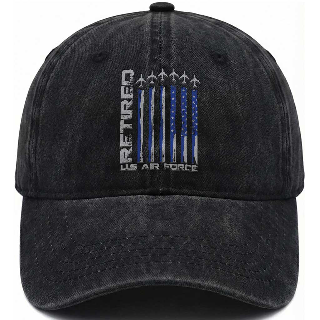 Retired US Air Force Washed Cotton Baseball Cap Vintage USAF Veteran USA Flag TS10 Washed Cap Universal Fit Black Print Your Wear