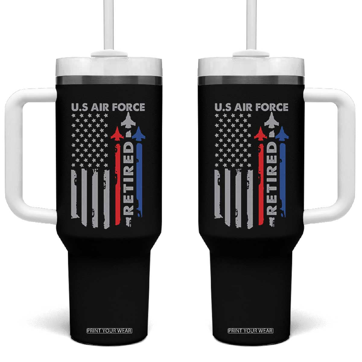 Veteran US Air Force Tumbler With Handle Vintage USA Flag Veterans TS10 One Size: 40 oz Black Print Your Wear