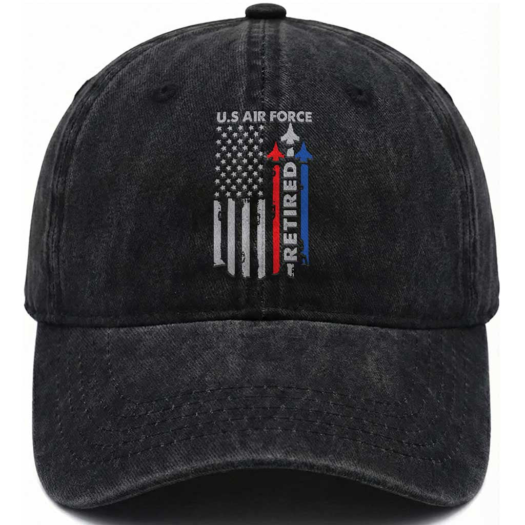 Veteran US Air Force Washed Cotton Baseball Cap Vintage USA Flag Veterans TS10 Washed Cap Universal Fit Black Print Your Wear