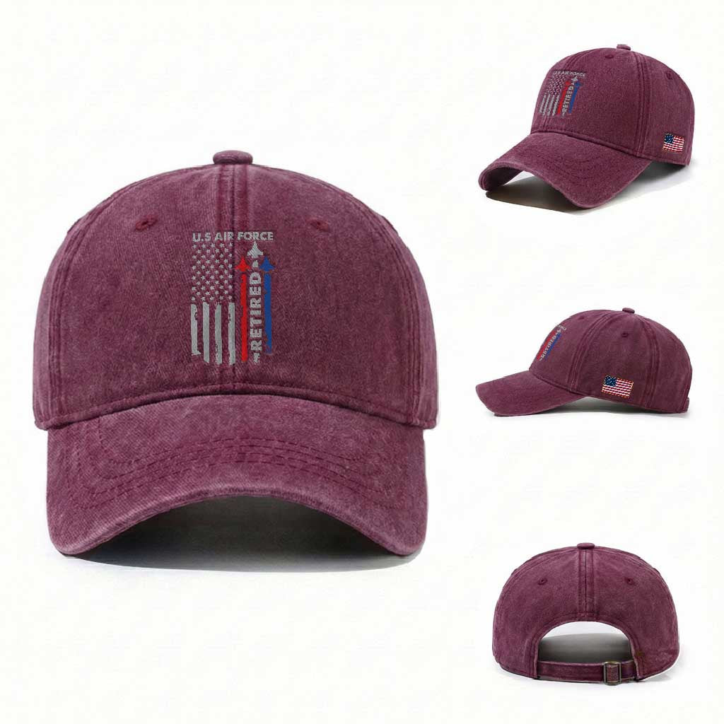 Veteran US Air Force Washed Cotton Baseball Cap Vintage USA Flag Veterans TS10 Washed Cap Universal Fit Burgundy Print Your Wear