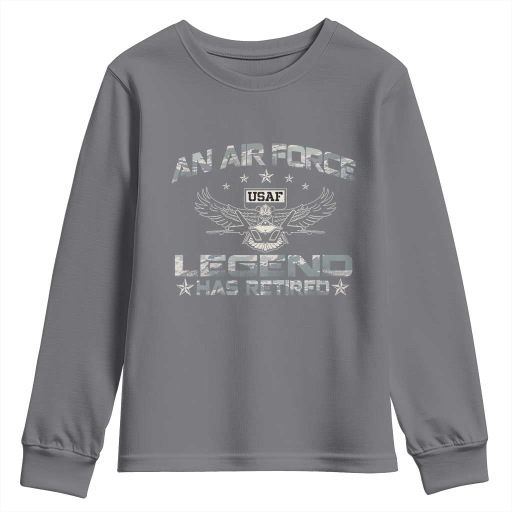 An Air Force Legend Has Retired Youth Sweatshirt Vintage Camo US Veteran TS10 Charcoal Print Your Wear