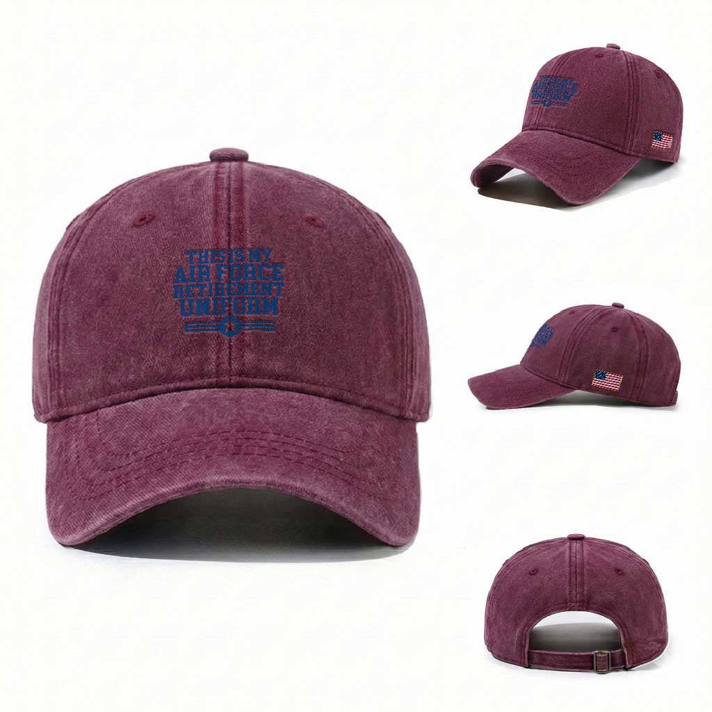 Veteran US Air Force Washed Cotton Baseball Cap This Is My Retirement Uniform TS10 Washed Cap Universal Fit Burgundy Print Your Wear