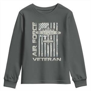 Air Force Veteran Youth Sweatshirt Vintage Camo USA Flag Veterans TS10 Dark Heather Print Your Wear