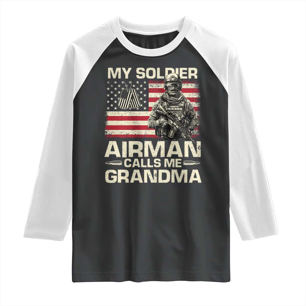 Proud Air Force Grandma Raglan Shirt My Soldier Airman Calls Me Grandma US Flag TS10 Black White Print Your Wear