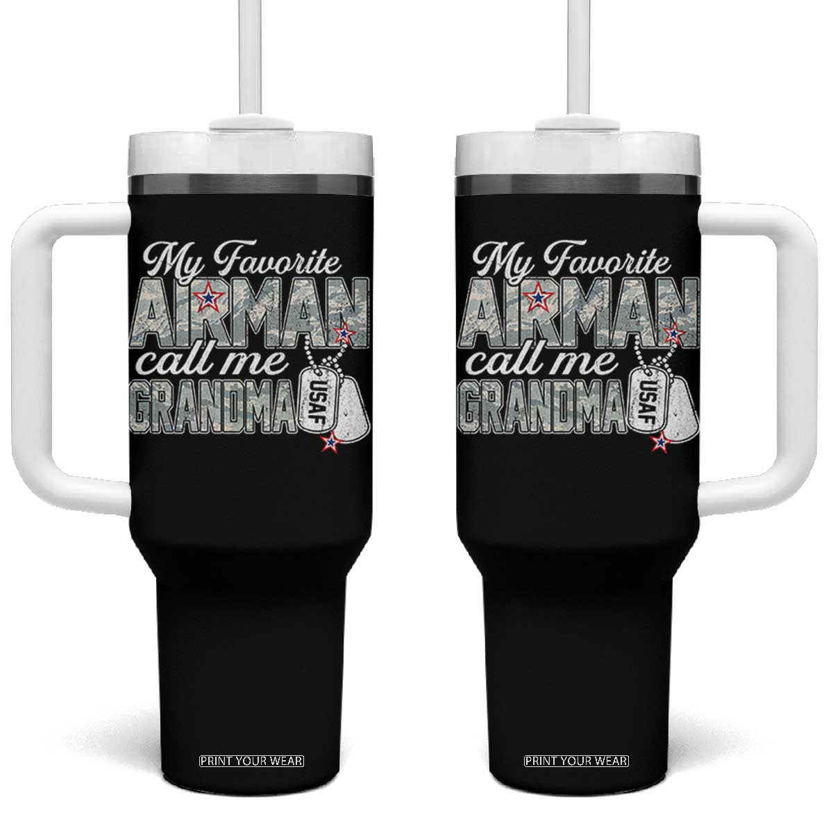 Proud Air Force Family Tumbler With Handle My Favorite Airman Calls Me Grandma TS10 One Size: 40 oz Black Print Your Wear