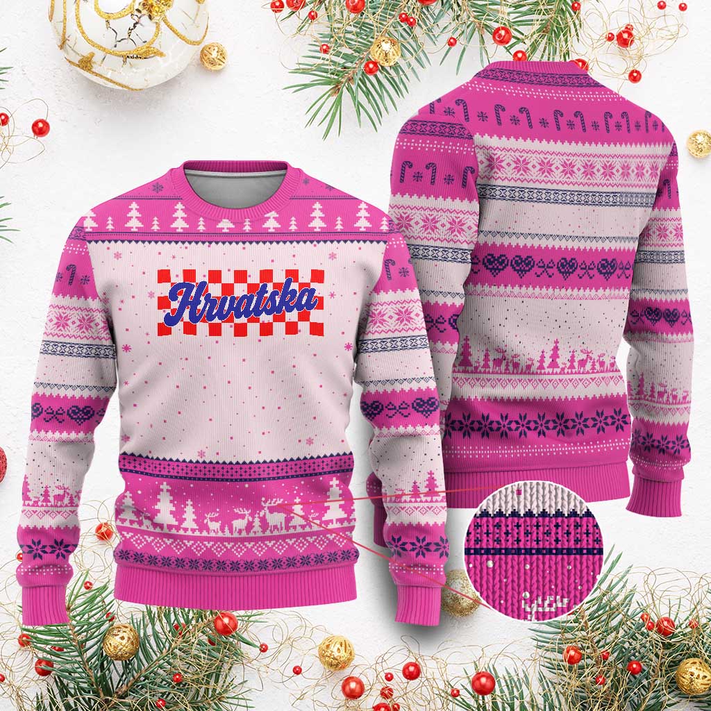 Hrvatska Ugly Christmas Sweater Checkered Retro Croatia Zagreb Croatian TS10 Hot Pink Print Your Wear