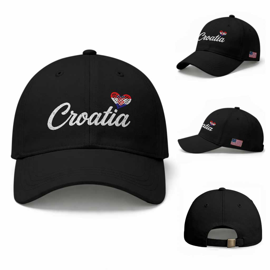 Croatia Baseball Cap Hrvatska Simple Love Croatian Flag Heart TS10 Baseball Cap Universal Fit Black Print Your Wear