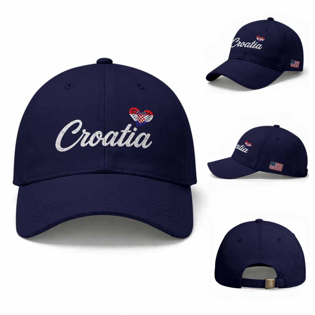 Croatia Baseball Cap Hrvatska Simple Love Croatian Flag Heart TS10 Baseball Cap Universal Fit Dark Blue Print Your Wear