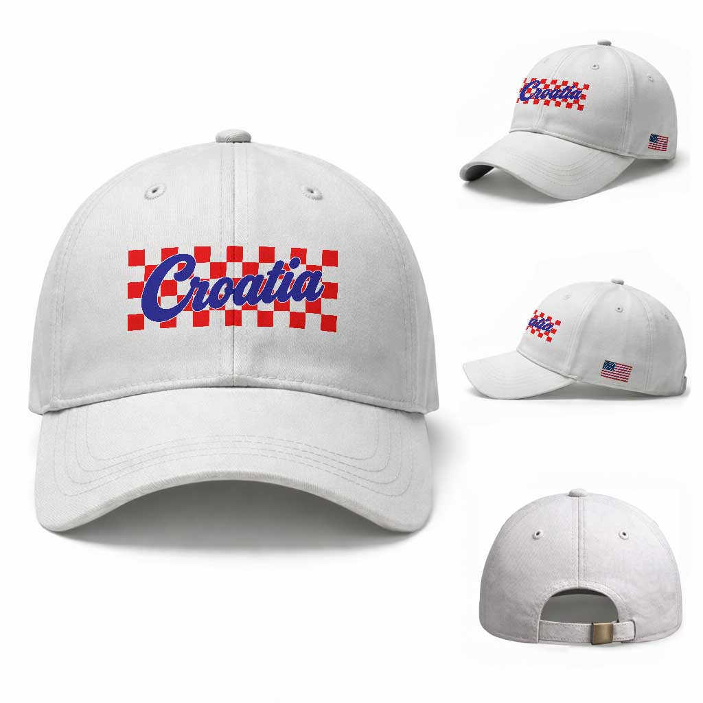 Croatia Baseball Cap Checkered Retro Hrvatska Zagreb Croatian TS10 Baseball Cap Universal Fit White Print Your Wear