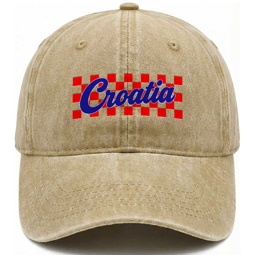 Croatia Washed Cotton Baseball Cap Checkered Retro Hrvatska Zagreb Croatian TS10 Print Your Wear