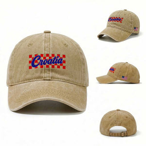 Croatia Washed Cotton Baseball Cap Checkered Retro Hrvatska Zagreb Croatian TS10 Washed Cap Universal Fit Khaki Print Your Wear