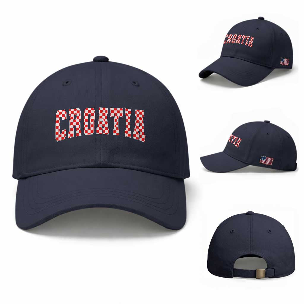 Vintage Croatia Baseball Cap Retro Varsity Hrvatska Flag Zagreb Croatian TS10 Baseball Cap Universal Fit Navy Print Your Wear