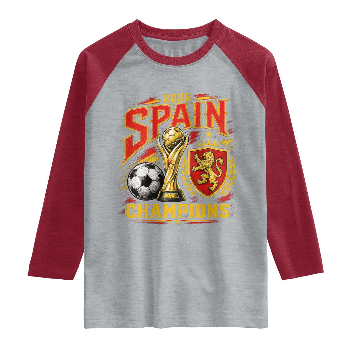 Spain Champions 2026 Raglan Shirt Spanish Soccer Fan Graphic TS10 Heather Gray Heather Red Print Your Wear