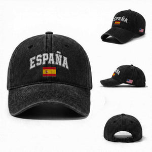 España Vintage Spanish Flag Pride Graphic Washed Cotton Baseball Cap TS10 Washed Cap Universal Fit Black Print Your Wear