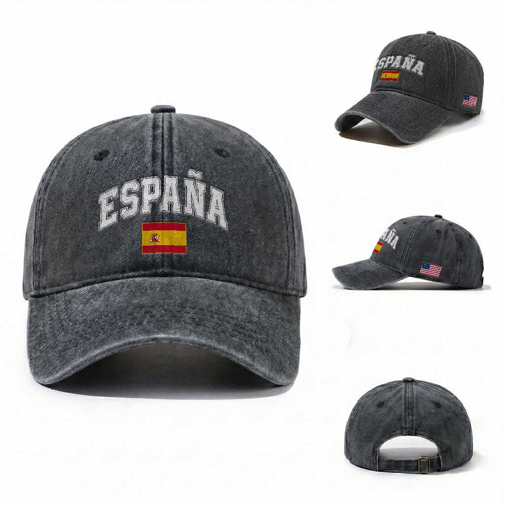 España Vintage Spanish Flag Pride Graphic Washed Cotton Baseball Cap TS10 Washed Cap Universal Fit Dark Gray Print Your Wear