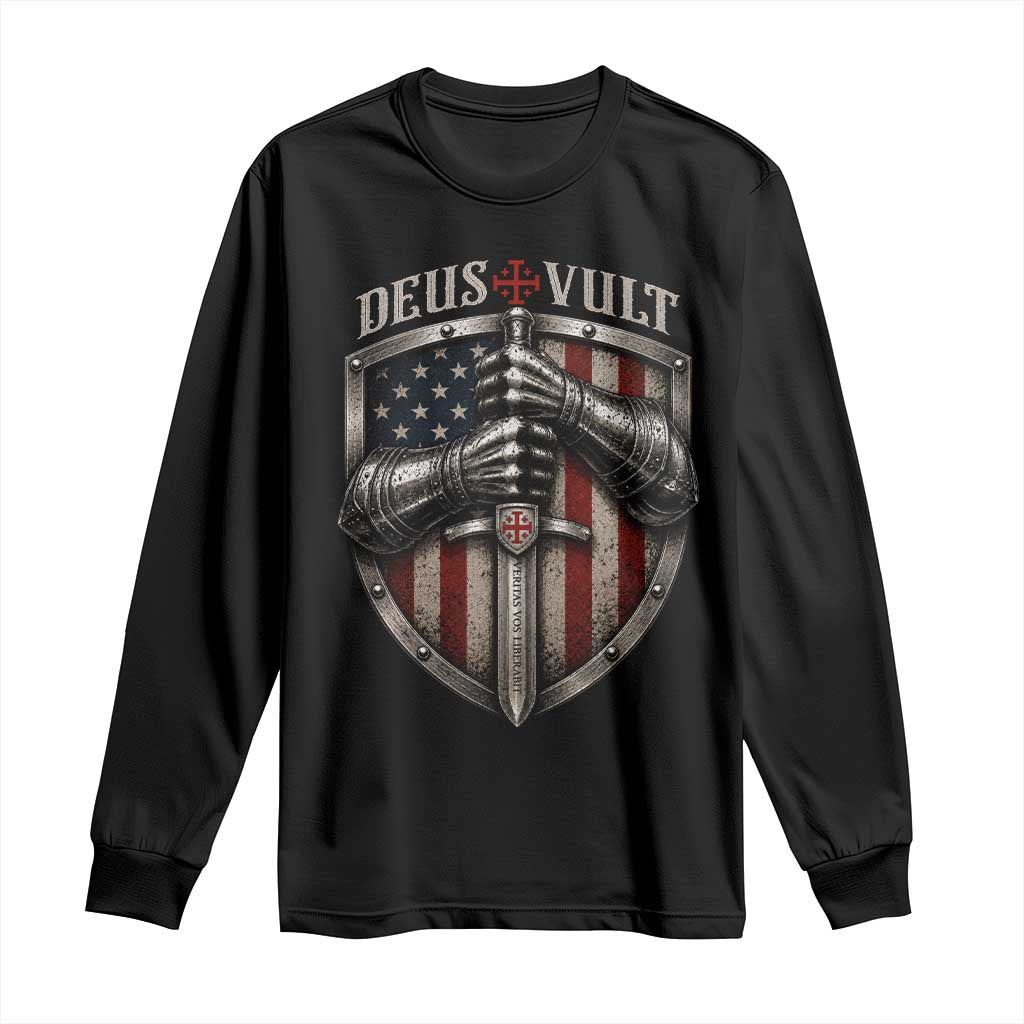 Catholic Knight Templar Crusader Long Sleeve Shirt Rertro Deus Vult American Flag TS10 Black Print Your Wear