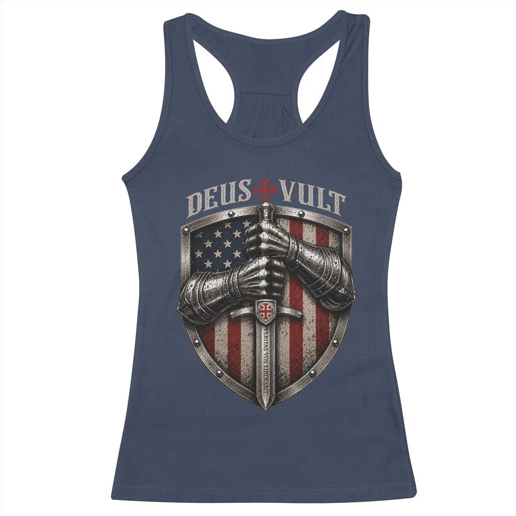 Catholic Knight Templar Crusader Racerback Tank Top Rertro Deus Vult American Flag TS10 Navy Print Your Wear