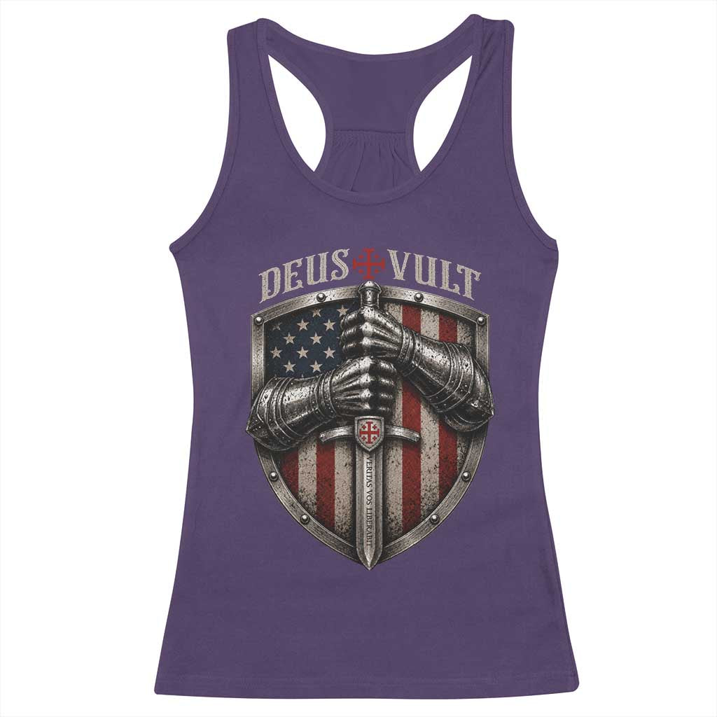 Catholic Knight Templar Crusader Racerback Tank Top Rertro Deus Vult American Flag TS10 Purple Print Your Wear