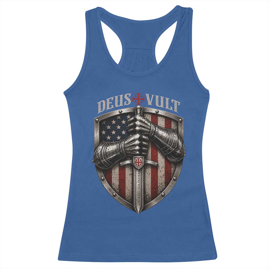 Catholic Knight Templar Crusader Racerback Tank Top Rertro Deus Vult American Flag TS10 Royal Blue Print Your Wear