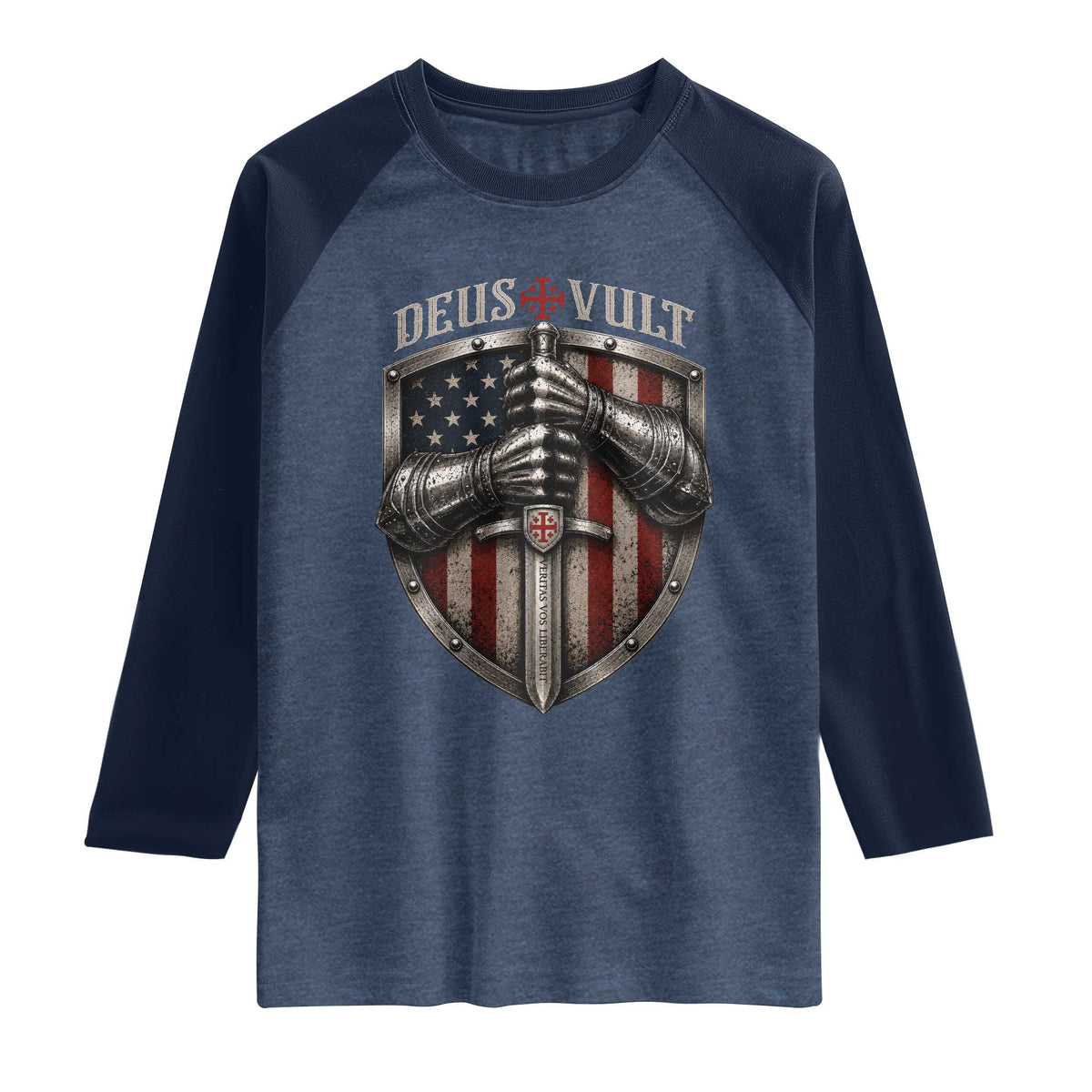 Catholic Knight Templar Crusader Raglan Shirt Rertro Deus Vult American Flag TS10 Heather Denim Navy Print Your Wear
