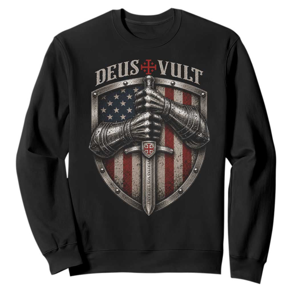 Catholic Knight Templar Crusader Sweatshirt Rertro Deus Vult American Flag TS10 Black Print Your Wear