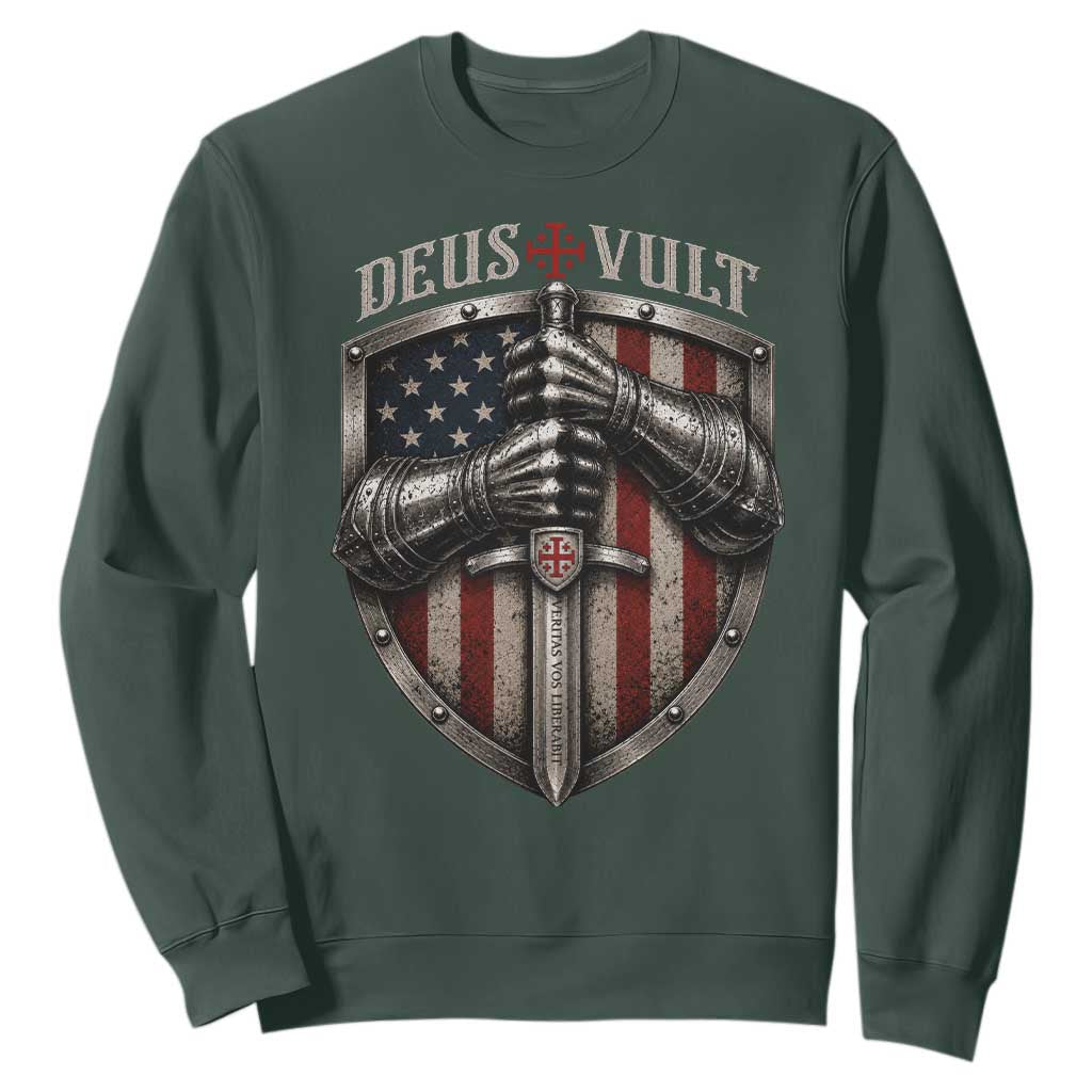 Catholic Knight Templar Crusader Sweatshirt Rertro Deus Vult American Flag TS10 Dark Forest Green Print Your Wear