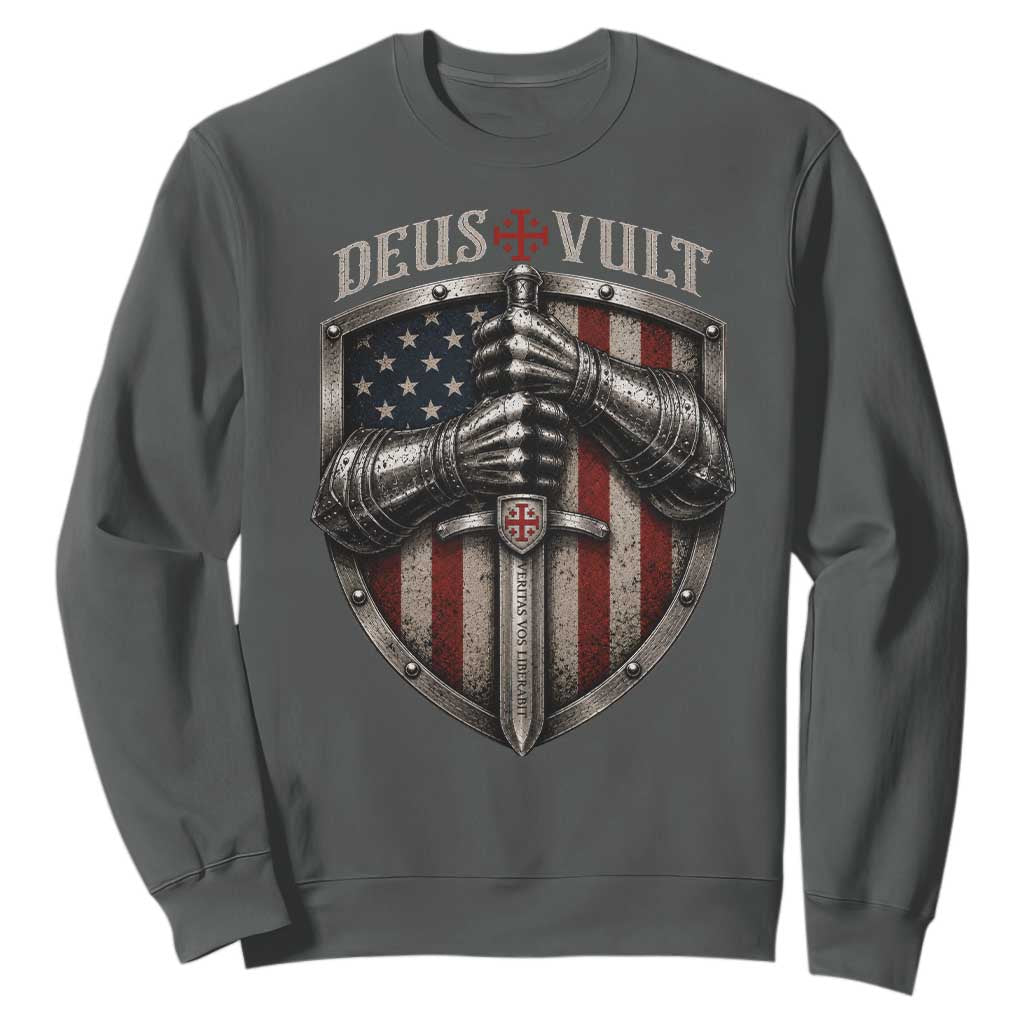 Catholic Knight Templar Crusader Sweatshirt Rertro Deus Vult American Flag TS10 Dark Heather Print Your Wear