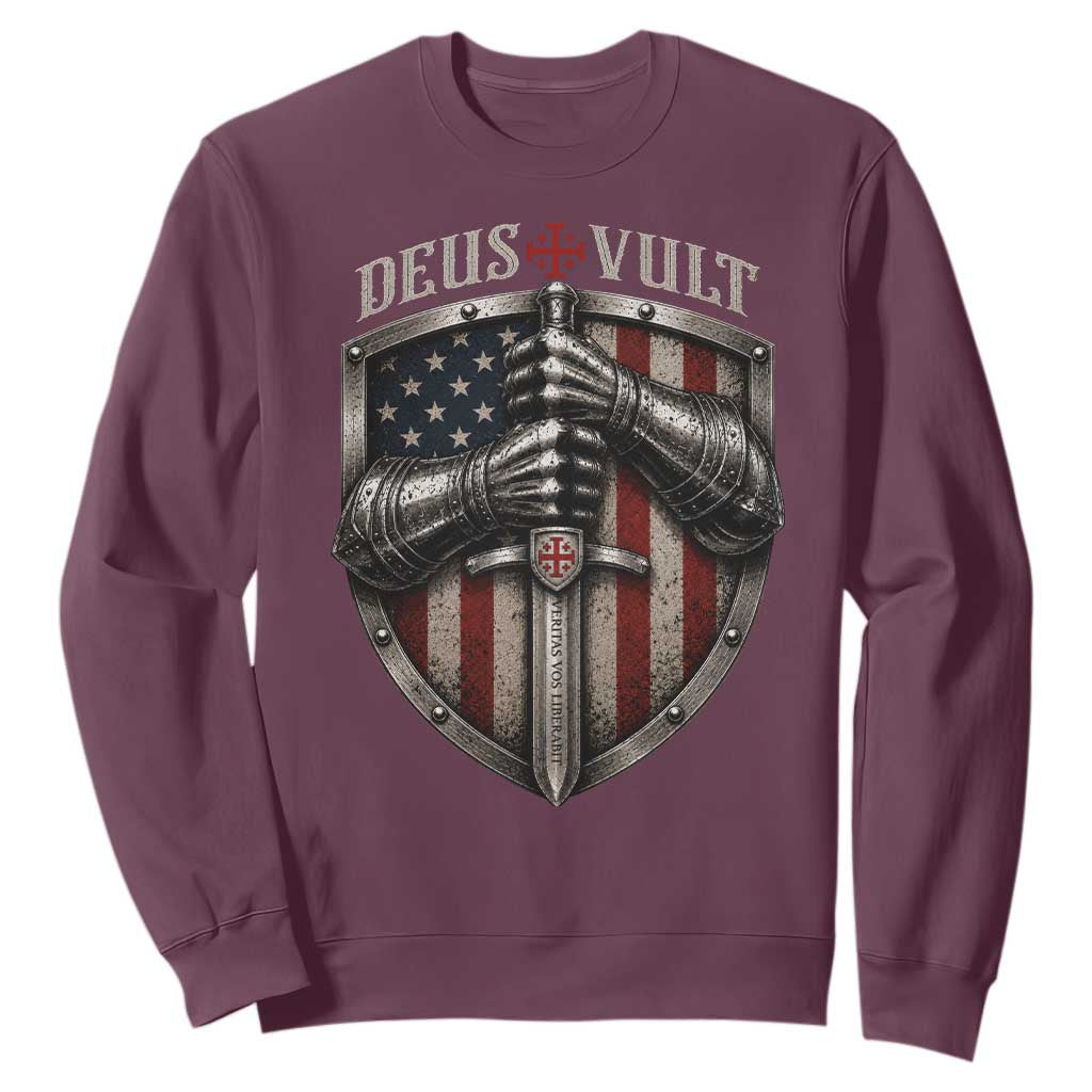 Catholic Knight Templar Crusader Sweatshirt Rertro Deus Vult American Flag TS10 Maroon Print Your Wear