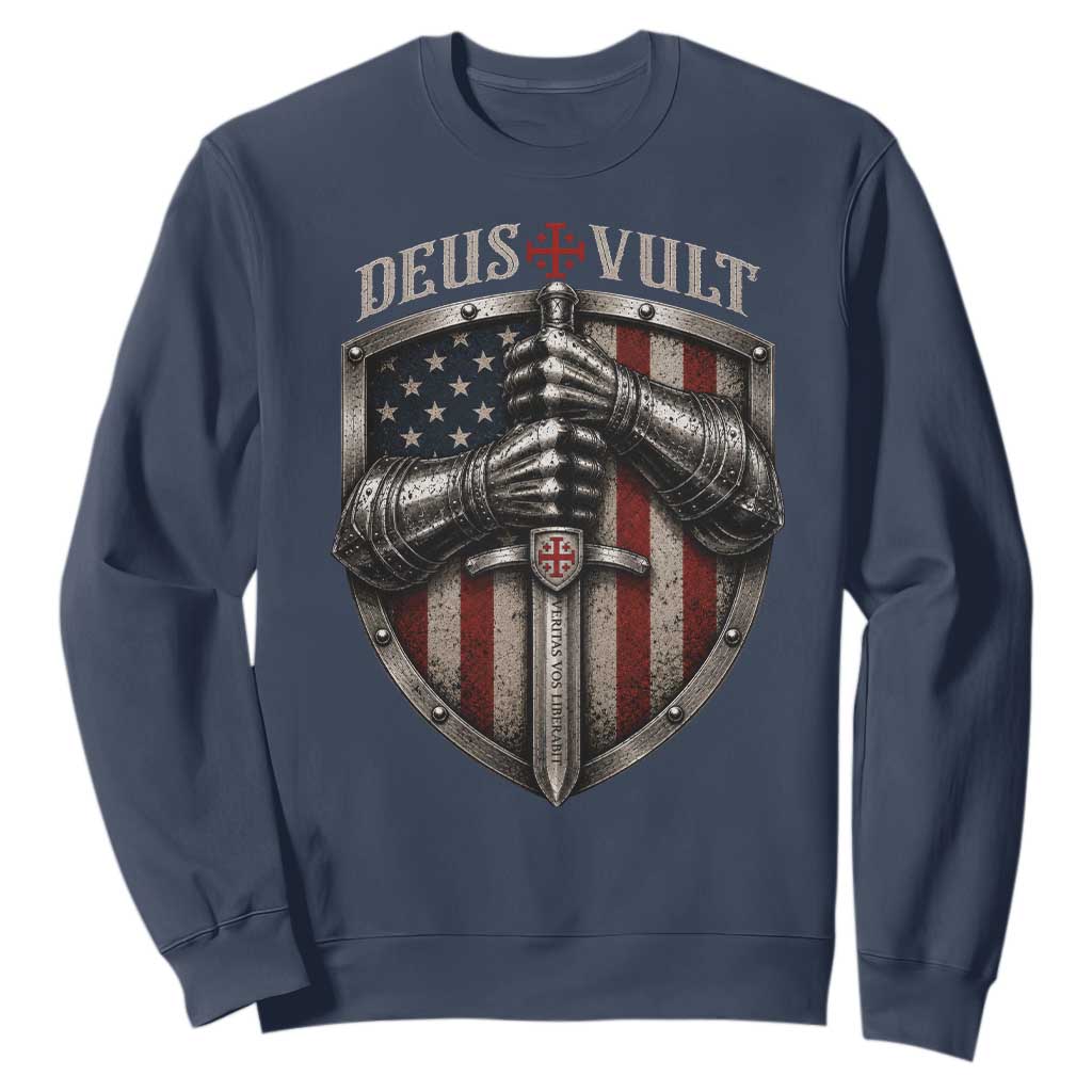 Catholic Knight Templar Crusader Sweatshirt Rertro Deus Vult American Flag TS10 Navy Print Your Wear
