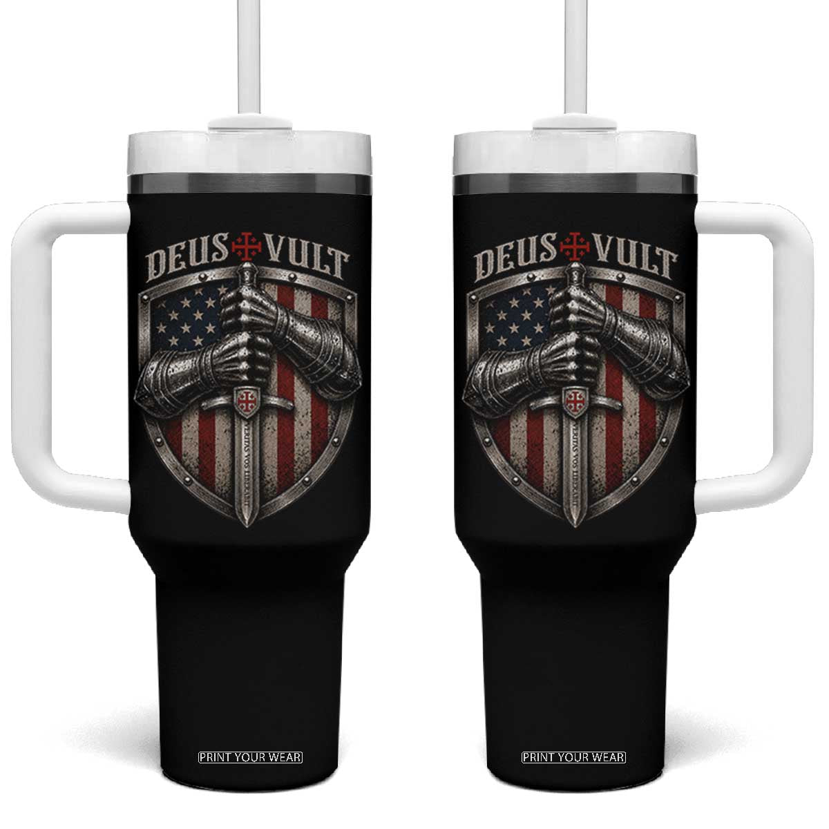 Catholic Knight Templar Crusader Tumbler With Handle Rertro Deus Vult American Flag TS10 One Size: 40 oz Black Print Your Wear