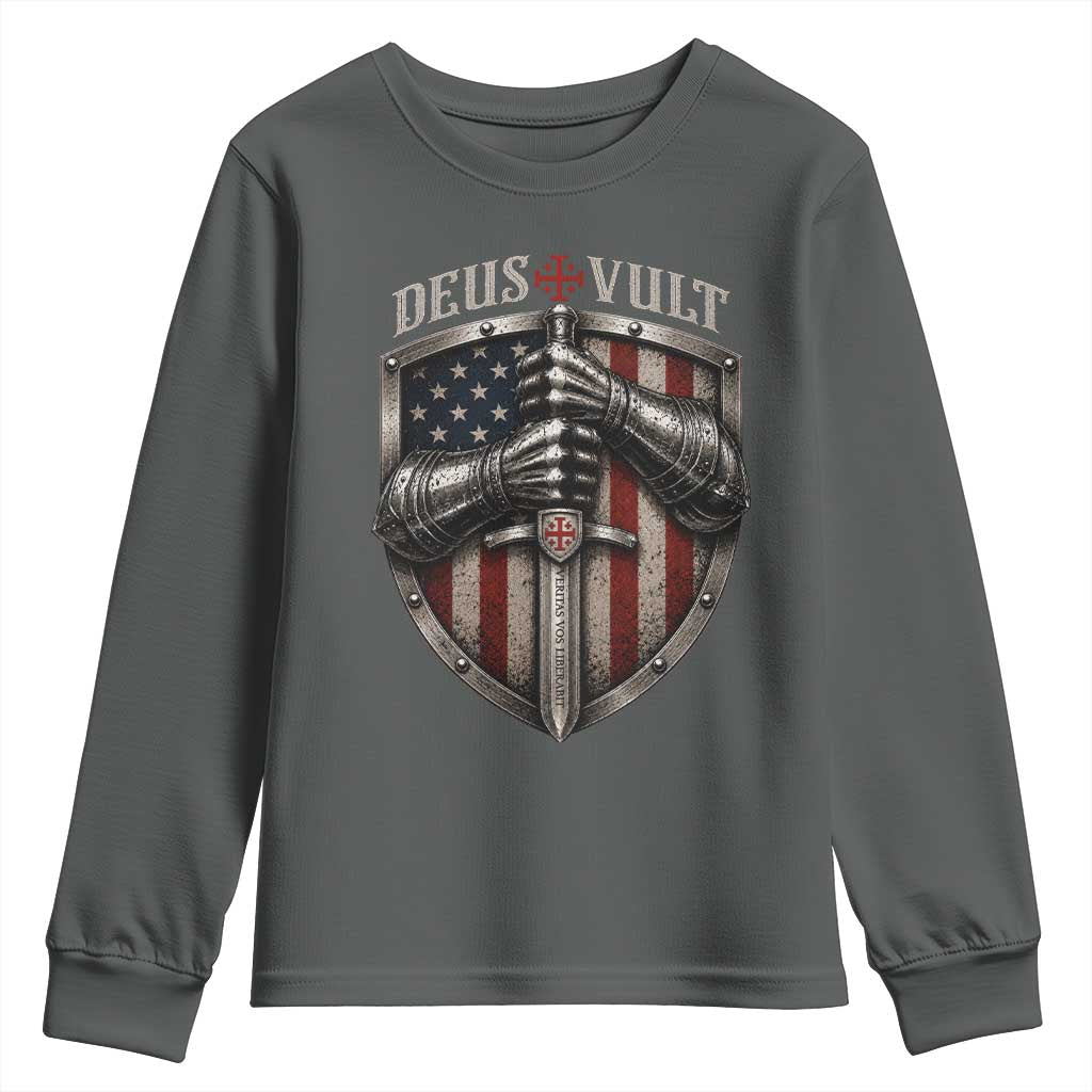 Catholic Knight Templar Crusader Youth Sweatshirt Rertro Deus Vult American Flag TS10 Dark Heather Print Your Wear